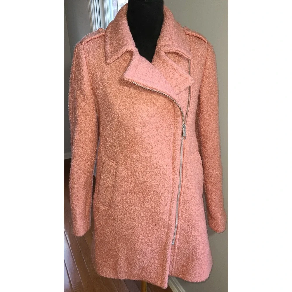 NWOT LOFT Marled Moto‎ Wooly Pea coat Size XS Pink Side zipper shoulder lapels